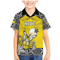 Personalised Happy Niue Constitution Day Family Matching Mermaid Dress and Hawaiian Shirt Niuean Crab Hiapo Pattern Yellow Version LT05 Son's Shirt Yellow - Polynesian Pride