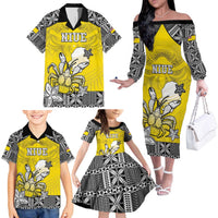 Personalised Happy Niue Constitution Day Family Matching Off The Shoulder Long Sleeve Dress and Hawaiian Shirt Niuean Crab Hiapo Pattern Yellow Version LT05 - Polynesian Pride
