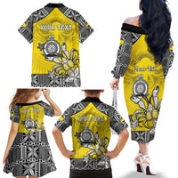 Personalised Happy Niue Constitution Day Family Matching Off The Shoulder Long Sleeve Dress and Hawaiian Shirt Niuean Crab Hiapo Pattern Yellow Version LT05 - Polynesian Pride