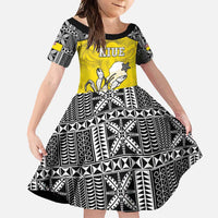 Personalised Happy Niue Constitution Day Family Matching Off Shoulder Maxi Dress and Hawaiian Shirt Niuean Crab Hiapo Pattern Yellow Version LT05 Daughter's Dress Yellow - Polynesian Pride