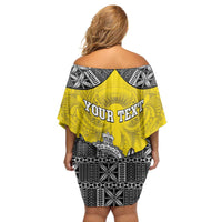 Personalised Happy Niue Constitution Day Family Matching Off Shoulder Short Dress and Hawaiian Shirt Niuean Crab Hiapo Pattern Yellow Version LT05 - Polynesian Pride