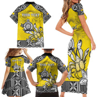 Personalised Happy Niue Constitution Day Family Matching Short Sleeve Bodycon Dress and Hawaiian Shirt Niuean Crab Hiapo Pattern Yellow Version LT05 - Polynesian Pride