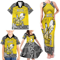 Personalised Happy Niue Constitution Day Family Matching Tank Maxi Dress and Hawaiian Shirt Niuean Crab Hiapo Pattern Yellow Version LT05 - Polynesian Pride