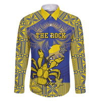 Personalised Niue The Rock Family Matching Off The Shoulder Long Sleeve Dress and Hawaiian Shirt Niuean Crab Hiapo Pattern Blue Version LT05 Dad's Shirt - Long Sleeve Blue - Polynesian Pride