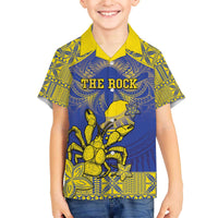 Personalised Niue The Rock Family Matching Off Shoulder Short Dress and Hawaiian Shirt Niuean Crab Hiapo Pattern Blue Version