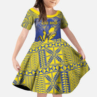 Personalised Niue The Rock Family Matching Short Sleeve Bodycon Dress and Hawaiian Shirt Niuean Crab Hiapo Pattern Blue Version LT05 Daughter's Dress Blue - Polynesian Pride