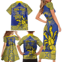 Personalised Niue The Rock Family Matching Short Sleeve Bodycon Dress and Hawaiian Shirt Niuean Crab Hiapo Pattern Blue Version LT05 - Polynesian Pride