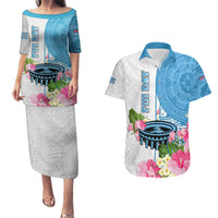 Fiji Day Couples Matching Puletasi Dress and Hawaiian Shirt Tanoa Hibiscus Fijian Tapa Masi Pattern LT05 White - Polynesian Pride