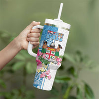 Fiji Day Tumbler With Handle Tanoa Hibiscus Fijian Tapa Masi Pattern