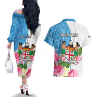 Personalized Fiji Day Couples Matching Off The Shoulder Long Sleeve Dress and Hawaiian Shirt Tanoa Hibiscus Fijian Tapa Masi Pattern LT05 - Polynesian Pride