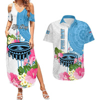 Personalized Fiji Day Couples Matching Summer Maxi Dress and Hawaiian Shirt Tanoa Hibiscus Fijian Tapa Masi Pattern LT05 White - Polynesian Pride