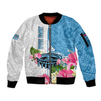 Personalized Fiji Day Sleeve Zip Bomber Jacket Tanoa Hibiscus Fijian Tapa Masi Pattern LT05 Unisex White - Polynesian Pride