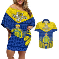 Niue Constitution Day Couples Matching Off Shoulder Short Dress and Hawaiian Shirt Coat Of Arms Niuean Hiapo Pattern LT05 Yellow - Polynesian Pride