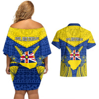 Niue Constitution Day Couples Matching Off Shoulder Short Dress and Hawaiian Shirt Coat Of Arms Niuean Hiapo Pattern LT05 - Polynesian Pride