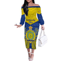 Niue Constitution Day Family Matching Off Shoulder Long Sleeve Dress and Hawaiian Shirt Coat Of Arms Niuean Hiapo Pattern LT05 Mom's Dress Yellow - Polynesian Pride