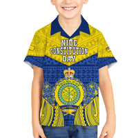 Niue Constitution Day Family Matching Short Sleeve Bodycon Dress and Hawaiian Shirt Coat Of Arms Niuean Hiapo Pattern LT05 Son's Shirt Yellow - Polynesian Pride
