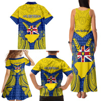 Niue Constitution Day Family Matching Tank Maxi Dress and Hawaiian Shirt Coat Of Arms Niuean Hiapo Pattern LT05 - Polynesian Pride