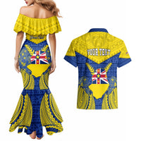 Personalized Niue Constitution Day Couples Matching Mermaid Dress and Hawaiian Shirt Coat Of Arms Niuean Hiapo Pattern LT05 - Polynesian Pride