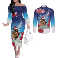 New Zealand Kiwi Christmas Couples Matching Off The Shoulder Long Sleeve Dress and Long Sleeve Button Shirt Xmas Vibe LT05 Blue - Polynesian Pride