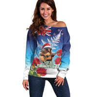 New Zealand Kiwi Christmas Off Shoulder Sweater Xmas Vibe LT05 Women Blue - Polynesian Pride