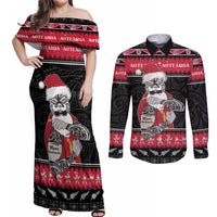 New Zealand Santa Tiki Christmas Couples Matching Off Shoulder Maxi Dress and Long Sleeve Button Shirt Meri Kirihimete LT05 Black - Polynesian Pride