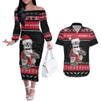 New Zealand Santa Tiki Christmas Couples Matching Off The Shoulder Long Sleeve Dress and Hawaiian Shirt Meri Kirihimete LT05 Black - Polynesian Pride