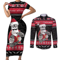 New Zealand Santa Tiki Christmas Couples Matching Short Sleeve Bodycon Dress and Long Sleeve Button Shirt Meri Kirihimete LT05 Black - Polynesian Pride
