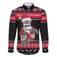 New Zealand Santa Tiki Christmas Family Matching Long Sleeve Bodycon Dress and Hawaiian Shirt Meri Kirihimete LT05 Dad's Shirt - Long Sleeve Black - Polynesian Pride