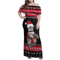 New Zealand Santa Tiki Christmas Family Matching Off Shoulder Maxi Dress and Hawaiian Shirt Meri Kirihimete LT05 Mom's Dress Black - Polynesian Pride