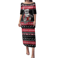 New Zealand Santa Tiki Christmas Family Matching Puletasi and Hawaiian Shirt Meri Kirihimete LT05 Mom's Dress Black - Polynesian Pride