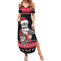 New Zealand Santa Tiki Christmas Family Matching Summer Maxi Dress and Hawaiian Shirt Meri Kirihimete LT05 Mom's Dress Black - Polynesian Pride