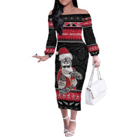 New Zealand Santa Tiki Christmas Off The Shoulder Long Sleeve Dress Meri Kirihimete LT05 Women Black - Polynesian Pride