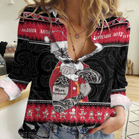 New Zealand Santa Tiki Christmas Women Casual Shirt Meri Kirihimete LT05 Female Black - Polynesian Pride