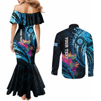 Personalised FSM Culture Day Couples Matching Mermaid Dress and Long Sleeve Button Shirt Tropical Flowers Tribal Pattern LT05 - Polynesian Pride
