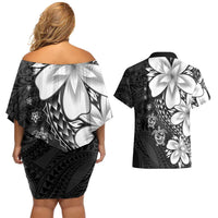 Polynesia Romantic Valentine Couples Matching Off Shoulder Short Dress and Hawaiian Shirt Sea Turtle Couple With Black Plumeria LT05 - Polynesian Pride
