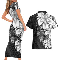 Polynesia Romantic Valentine Couples Matching Short Sleeve Bodycon Dress and Hawaiian Shirt Sea Turtle Couple With Black Plumeria