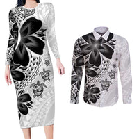 Polynesia Romantic Valentine Couples Matching Long Sleeve Bodycon Dress and Long Sleeve Button Shirt Sea Turtle Couple With White Plumeria