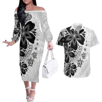 Polynesia Romantic Valentine Couples Matching Off The Shoulder Long Sleeve Dress and Hawaiian Shirt Sea Turtle Couple With White Plumeria
