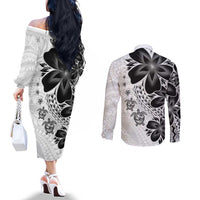 Polynesia Romantic Valentine Couples Matching Off The Shoulder Long Sleeve Dress and Long Sleeve Button Shirt Sea Turtle Couple With White Plumeria