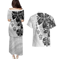 Polynesia Romantic Valentine Couples Matching Puletasi and Hawaiian Shirt Sea Turtle Couple With White Plumeria