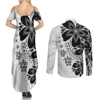 Polynesia Romantic Valentine Couples Matching Summer Maxi Dress and Long Sleeve Button Shirt Sea Turtle Couple With White Plumeria