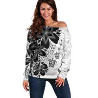 Polynesia Romantic Valentine Off Shoulder Sweater Sea Turtle Couple With White Plumeria