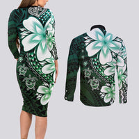 Polynesia Romantic Valentine Couples Matching Long Sleeve Bodycon Dress and Long Sleeve Button Shirt Sea Turtle Couple With Aqua Gradient Plumeria