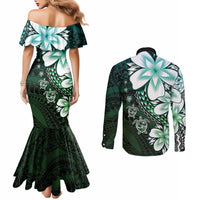 Polynesia Romantic Valentine Couples Matching Mermaid Dress and Long Sleeve Button Shirt Sea Turtle Couple With Aqua Gradient Plumeria