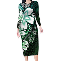 Polynesia Romantic Valentine Long Sleeve Bodycon Dress Sea Turtle Couple With Aqua Gradient Plumeria