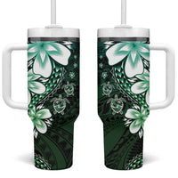 Polynesia Romantic Valentine Tumbler With Handle Sea Turtle Couple With Aqua Gradient Plumeria