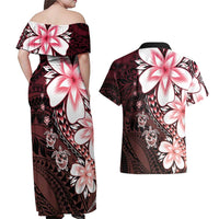 Polynesia Romantic Valentine Couples Matching Off Shoulder Maxi Dress and Hawaiian Shirt Sea Turtle Couple With Red Gradient Plumeria