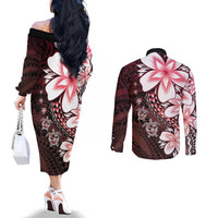 Polynesia Romantic Valentine Couples Matching Off The Shoulder Long Sleeve Dress and Long Sleeve Button Shirt Sea Turtle Couple With Red Gradient Plumeria