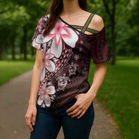 Polynesia Romantic Valentine Cross Shoulder Shirt Sea Turtle Couple With Red Gradient Plumeria
