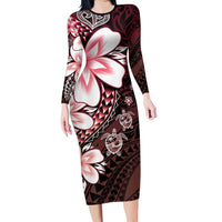 Polynesia Romantic Valentine Family Matching Long Sleeve Bodycon Dress and Hawaiian Shirt Sea Turtle Couple With Red Gradient Plumeria LT05 Mom's Dress Red - Polynesian Pride
